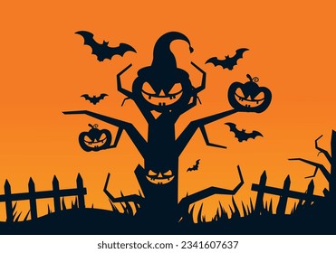 Illustration of Happy Halloween with ghostly tree silhouette surrounded by bats, pumpkins, fence.