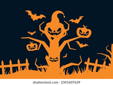 Illustration of Happy Halloween with ghostly tree silhouette surrounded by bats, pumpkins, fence.