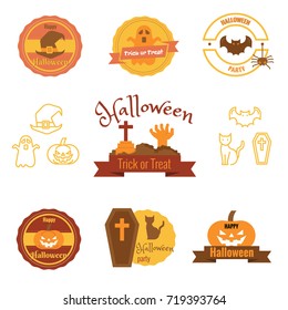 Illustration of happy Halloween and Halloween party badge and label sticker collection. For sticker, label, banner, greeting card and invitation. Vector illustration.