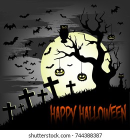 Illustration happy halloween. Pumpkins and cemetery forest on white moon background. Vector illustration