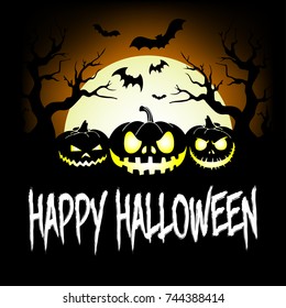 Illustration happy halloween. Pumpkins and terrible forest on white moon background. Vector illustration