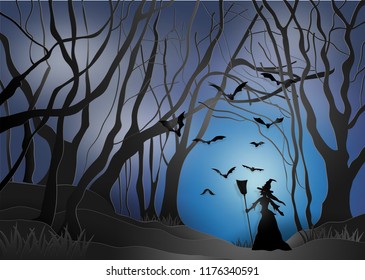 illustration of happy halloween, witches in a scary dark mystery forest. paper art and digital craft style.
