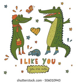 Illustration of happy hand drawn crocodiles