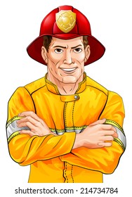 An illustration of a happy handsome firefighter fireman with his arms folded