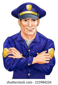 An illustration of a happy handsome police officer policeman with his arms folded