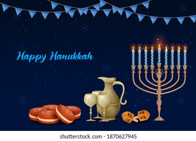 illustration of Happy Hanukkah, Jewish holiday festival greetings background