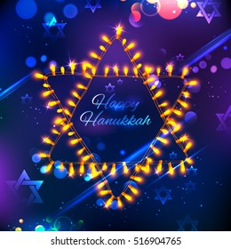 illustration of Happy Hanukkah, Jewish holiday background with light garland arrangement in shape of Star of David