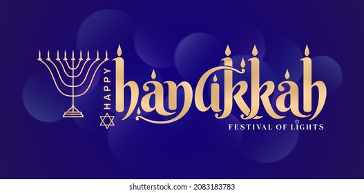 illustration of Happy Hanukkah lettering fonts golden color with isolated dark background, happy hanukkah illustration with candle light ornament, for greeting cards, invitation, poster and banners.