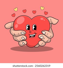 Illustration of a Happy Heart on hand. Self love valentine. Valentine element suitable for postcard and gift card.