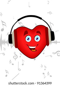 Illustration of a happy heart shape listening music with headphone on seamless music background for Valentines Day.