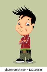 illustration of happy hellion in a red jacket and green pants on green background