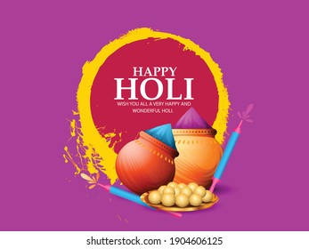illustration of Happy Holi festival with gula powder abstract colorful background with hindi text holi hai