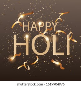 Illustration of Happy Holi text with golden  ribbon and lights on a dark background. Vector illustration
