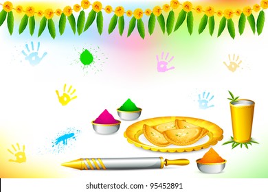 illustration of happy holi wallpaper with colors and sweet