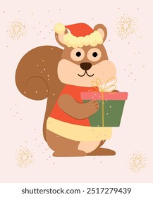 Illustration Happy Holiday with Squirrel Holding Present