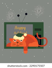 Illustration Happy Holidays Lazy Cat and Television
