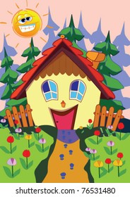 Illustration of happy house in spring time with colorful flowers on the front and forest in backyard.