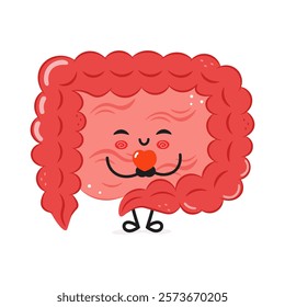 Illustration of happy human intestine character holding a red heart. Playful cartoon style, isolated on white. Concept of gut health