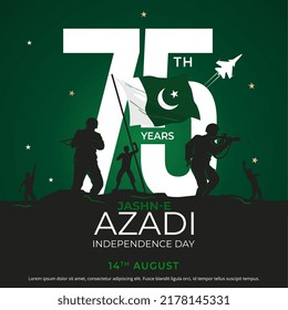 Ilustración de Feliz Día de la Independencia, 14 de agosto, bandera de Pakistán, un soldado con rifle y casco y un avión de la fuerza aérea.