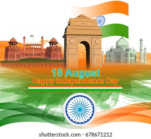 illustration of happy independence day india wavy Indian flag with monument