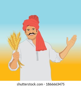 Illustration of Happy Indian farmer with crop in hand.