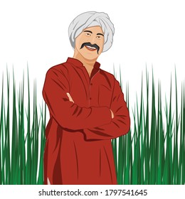 Illustration Of Happy Indian Farmer In Field.