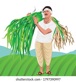 Illustration of Happy Indian Farmer in green field.