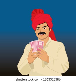 Illustration of Happy Indian farmer holding Indian rupee in hand