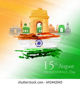 Illustration of happy indian independence day, map in national flag in water color style ,floral Abstract background.