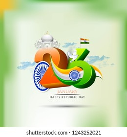 Illustration of Happy Indian Republic day with 26 January text. celebration poster or banner background.