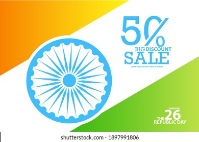 Illustration of Happy Indian Republic day poster or banner background. 50% Discount sale.