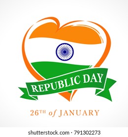 Illustration of Happy Indian Republic day 26 January celebration with heart in national flag colors. Vector poster or banner background Indian Republic day 26 January for website header