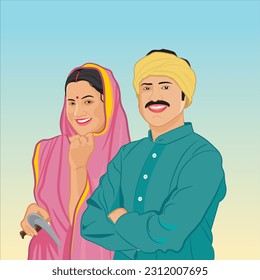 Illustration of Happy Indian Rural Couple in agricultural field.