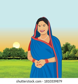 Illustration of Happy Indian rural woman wearing saree in green field.