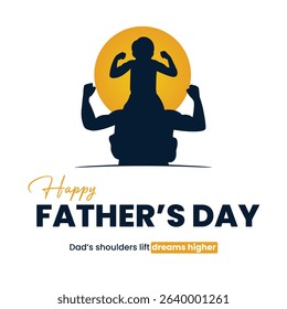 Illustration of happy international father's day poster design concept, son sitting on his dad shoulders on a white background, also use for card, poster, website, brochure.