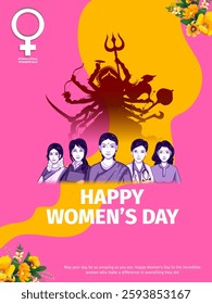 illustration of Happy International Women's Day 8th March greetings background with Goddess Durga showing power and women empowerment