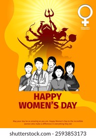 illustration of Happy International Women's Day 8th March greetings background with Goddess Durga showing power and women empowerment