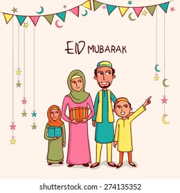 Illustration of happy islamic family in traditional dress celebrating and enjoying on occasion of muslim community festival, Eid Mubarak celebration.