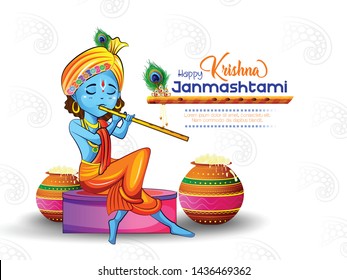 illustration of Happy Janmashtami festival of India, Lord Krishna playing bansuri , with background, banner,poster 