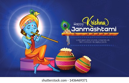 illustration of Happy Janmashtami festival of India, Lord Krishna playing bansuri , with background, banner,poster 