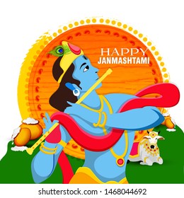 illustration of Happy Janmashtami, Lord Krishna playing bansuri 