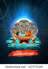 illustration of happy Janmashtami, Lord Krishna in Janmashtami festival of India with hindi calligraphy