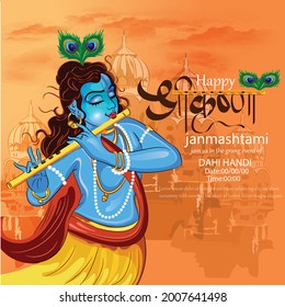 Illustration von glücklichen Janmashtami, Lord Krishna in Janmashtami Festival von Indien mit rückläufiger Kalligrafie-Poster, Kartenhintergrund.