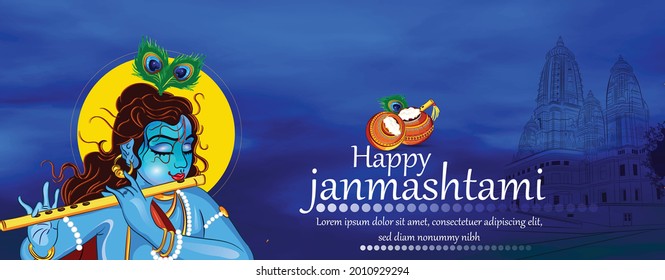 illustration of happy Janmashtami, Lord Krishna in Janmashtami festival of India with hindi calligraphy poster,card background.