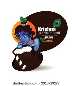 illustration of happy Janmashtami, Lord Krishna in Janmashtami festival of India with hindi calligraphy poster,card background.