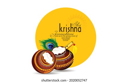 illustration of happy Janmashtami, Lord Krishna in Janmashtami festival of India with hindi calligraphy poster,card background.