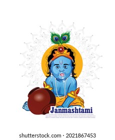 illustration of happy Janmashtami, Lord Krishna in Janmashtami festival of India with hindi calligraphy poster,card 