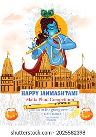 illustration of happy Janmashtami, Lord Krishna in Janmashtami festival of India with hindi calligraphy poster,card