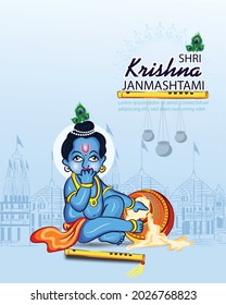 illustration of happy Janmashtami, Lord Krishna in Janmashtami festival of India with hindi calligraphy poster,card