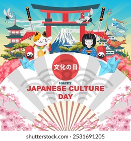 illustration of happy japanese culture day background with beautiful japan elements culture decoration for greeting card, poster design, social media post